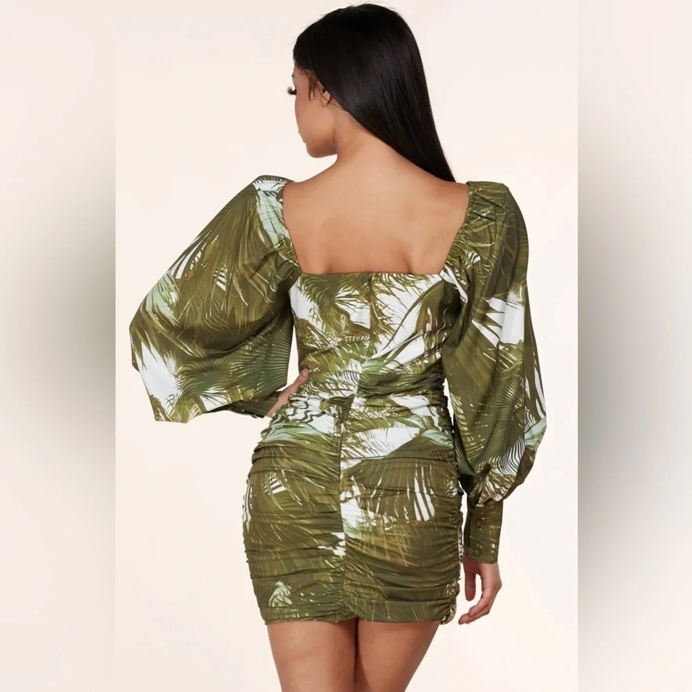 L'ATISTE By Amy Palm Branch Long Lantern Sleeve Ruched Mini Dress - Picture 3 of 11